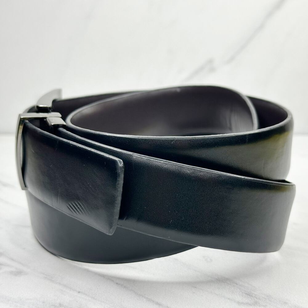 Mens Black and Brown Reversible Belt Silver Buckle Size 44 โจ - Picture 3 of 13
